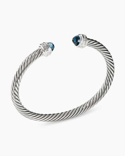 Classic Cable Bracelet Sterling Silver with Hampton Blue Topaz and Diamonds, 5mm