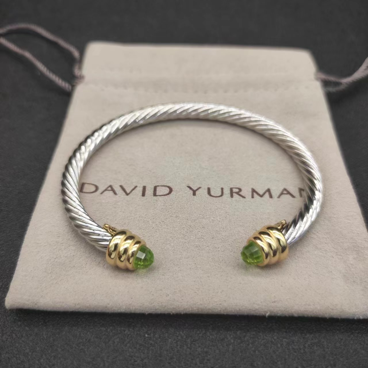 Classic Cable Bracelet Sterling Silver with Light green crystal and Diamonds, 5mm