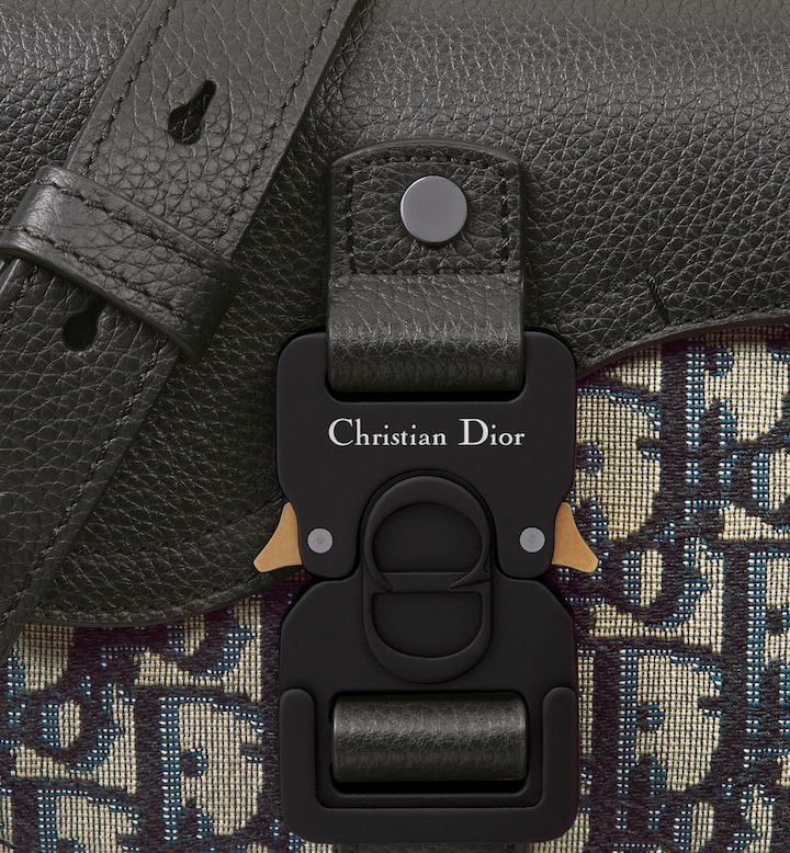 Mini Saddle Messenger Bag with Flap Beige and Black Oblique Jacquard with Black Grained Calfskin