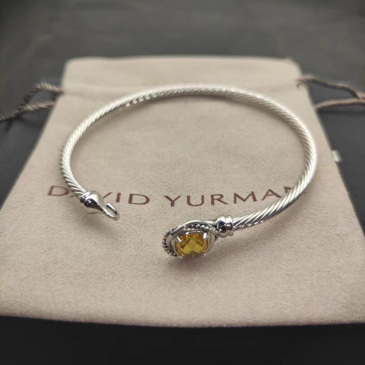 Cable Classics Bracelet, Yellow Gemstone and Bead Detail, Sterling Silver, 3mm