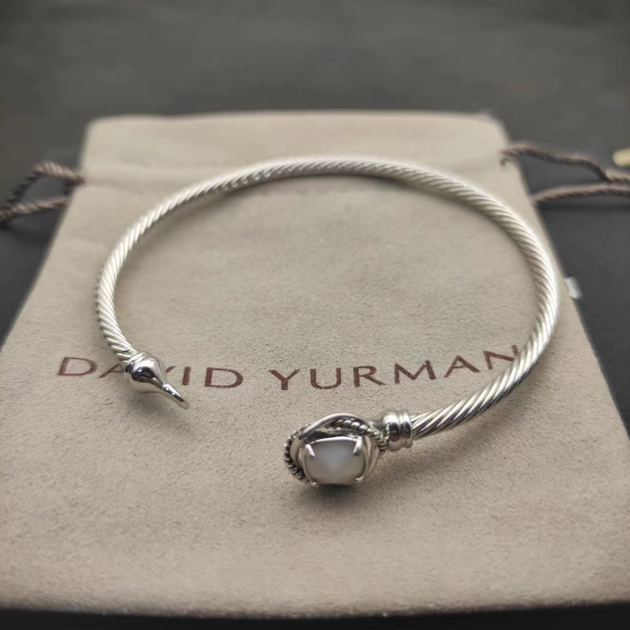 Cable Classics Bracelet, White Gemstone and Bead Detail, Sterling Silver, 3mm