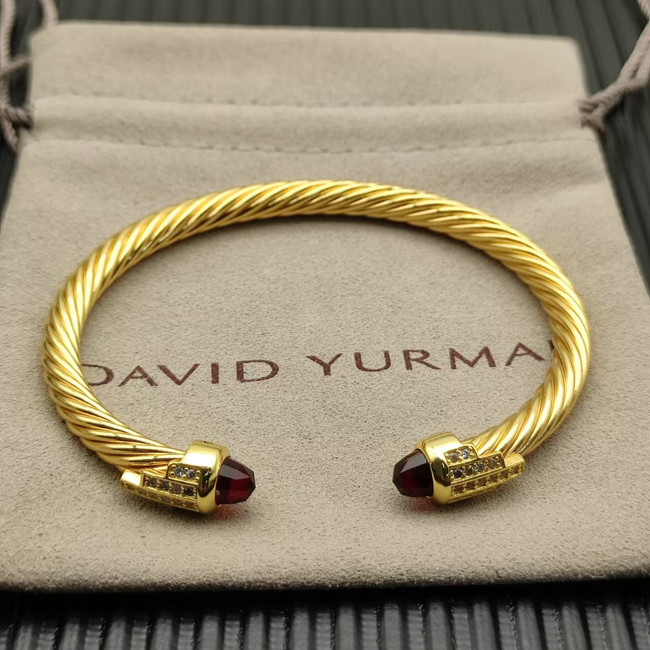 Cable Bracelet with Red Topaz & Diamond Accents  5mm