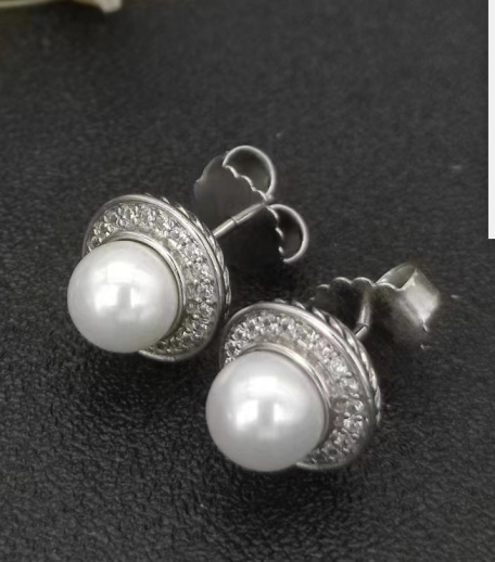 Pearl Classics Cable Halo Button Earrings Sterling Silver with Diamonds, 13mm