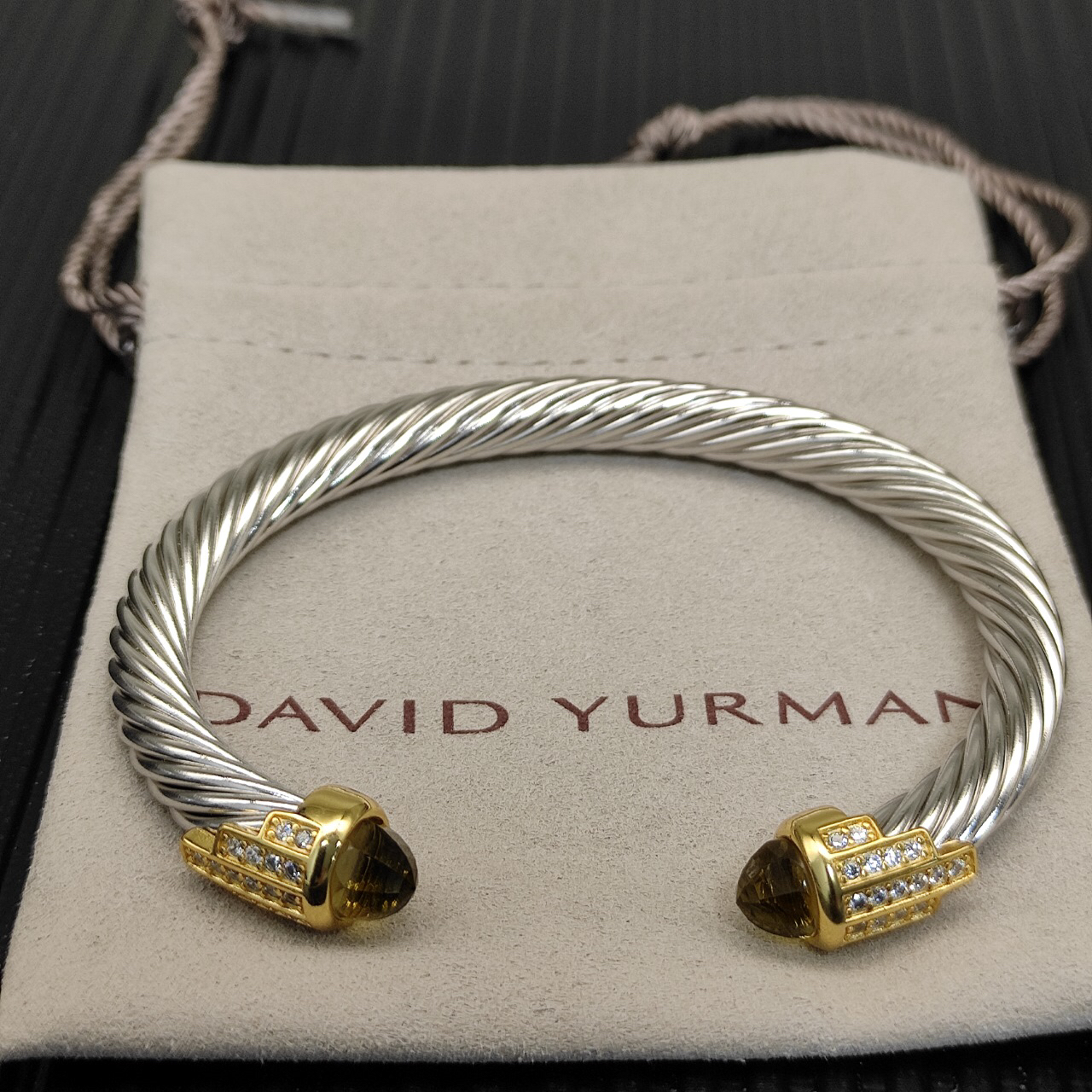 7mm Cable Bracelet with Brown & Diamond Accents – Gold Cap