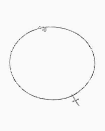 Classic Cable Cross Necklace Sterling Silver with Center Diamond