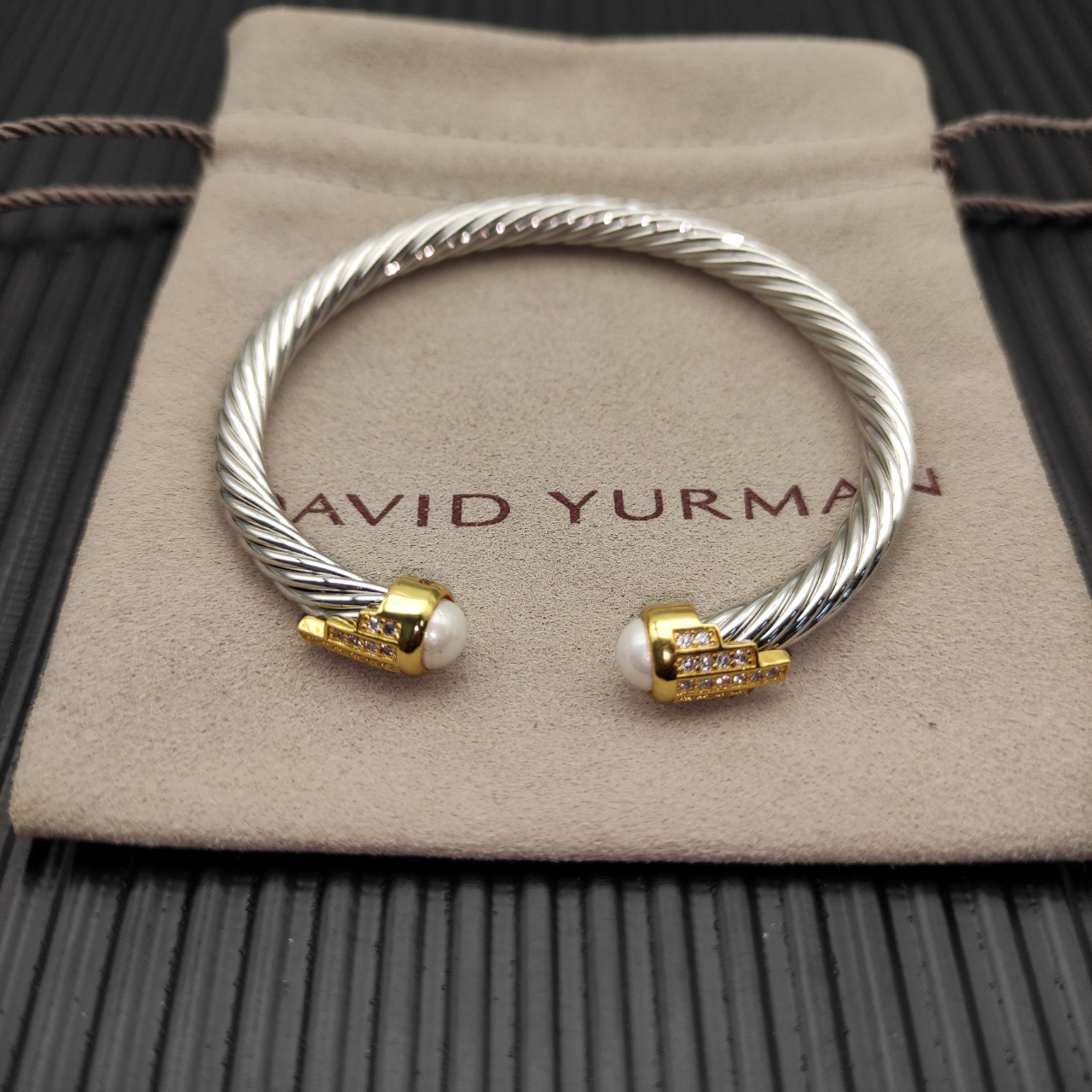 5mm Cable Bracelet with Pearl White Topaz & Diamond Accents