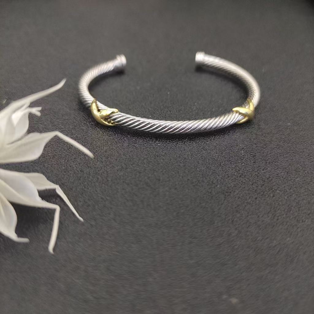 X Classic Cable Station Bracelet Sterling Silver with 18K Yellow Gold, 4mm