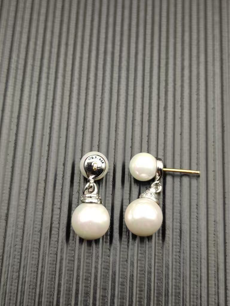 Double Pearl Pave Sterling Silver Diamond Earrings