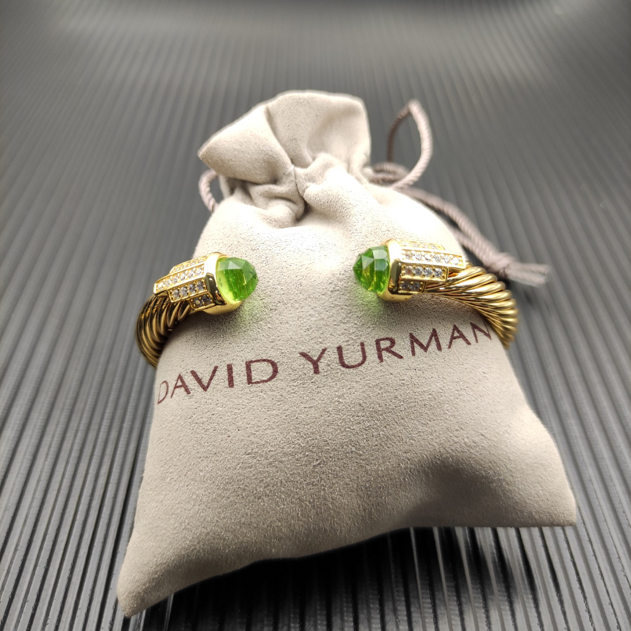 7mm Cable Bracelet with Light Green & Diamond Accents