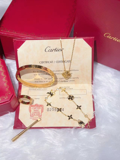 LOVE BRACELET + LOVE RING + VINTAGE ALHAMBRA PENDANT + IDYLLE BLOSSOM MONOGRAM BRACELET, YELLOW GOLD AND DIAMONDS