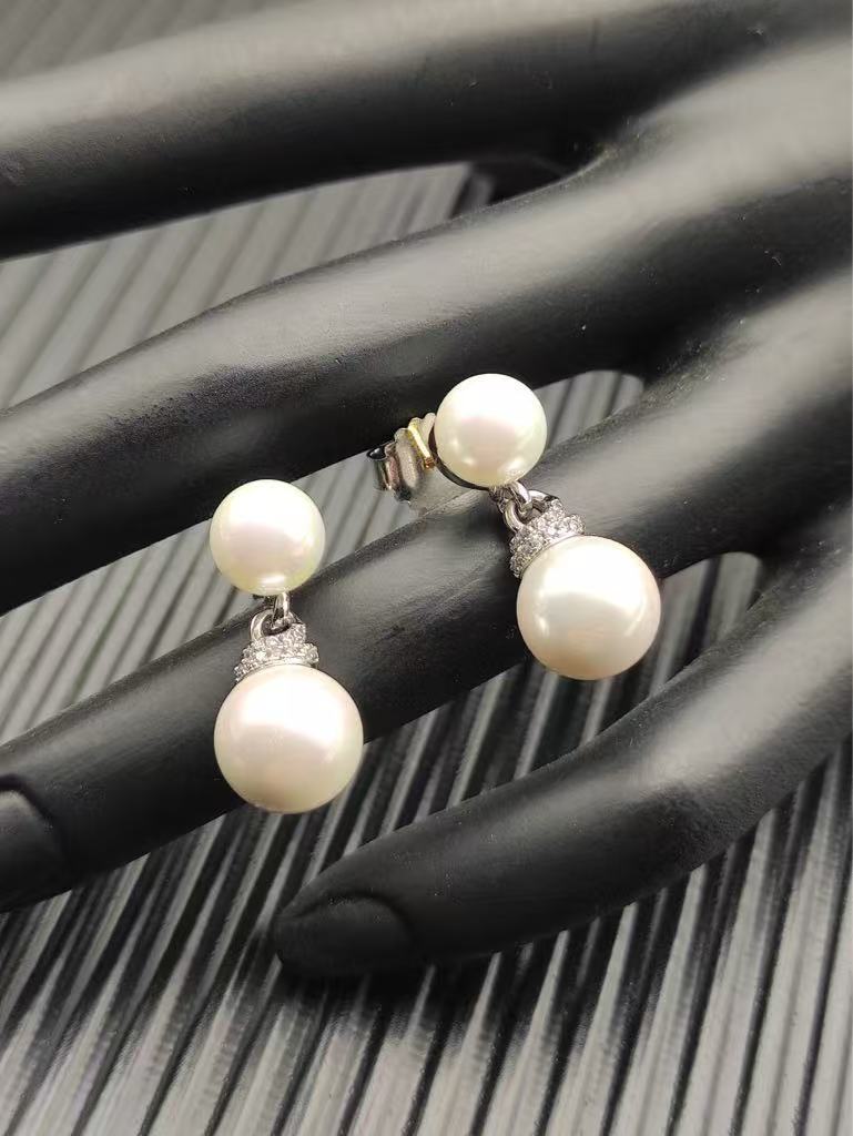 Double Pearl Pave Sterling Silver Diamond Earrings