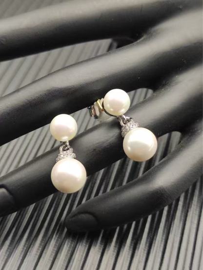Double Pearl Pave Sterling Silver Diamond Earrings