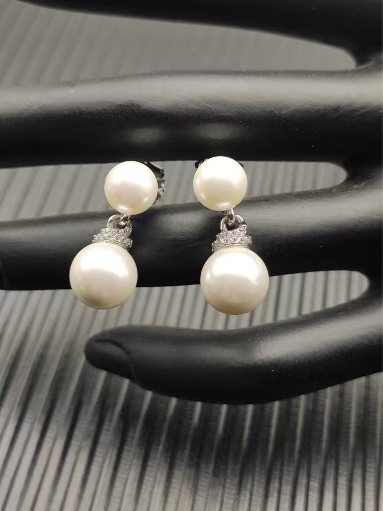 Double Pearl Pave Sterling Silver Diamond Earrings