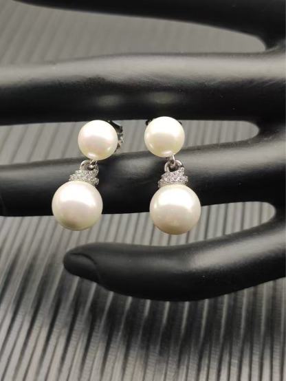 Double Pearl Pave Sterling Silver Diamond Earrings