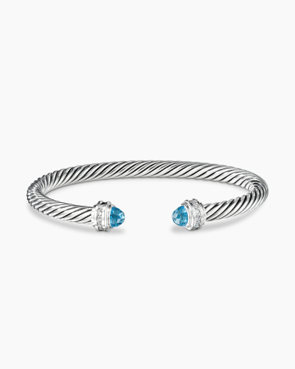 Classic Cable Bracelet Sterling Silver with Blue Topaz and Diamonds, 5mm