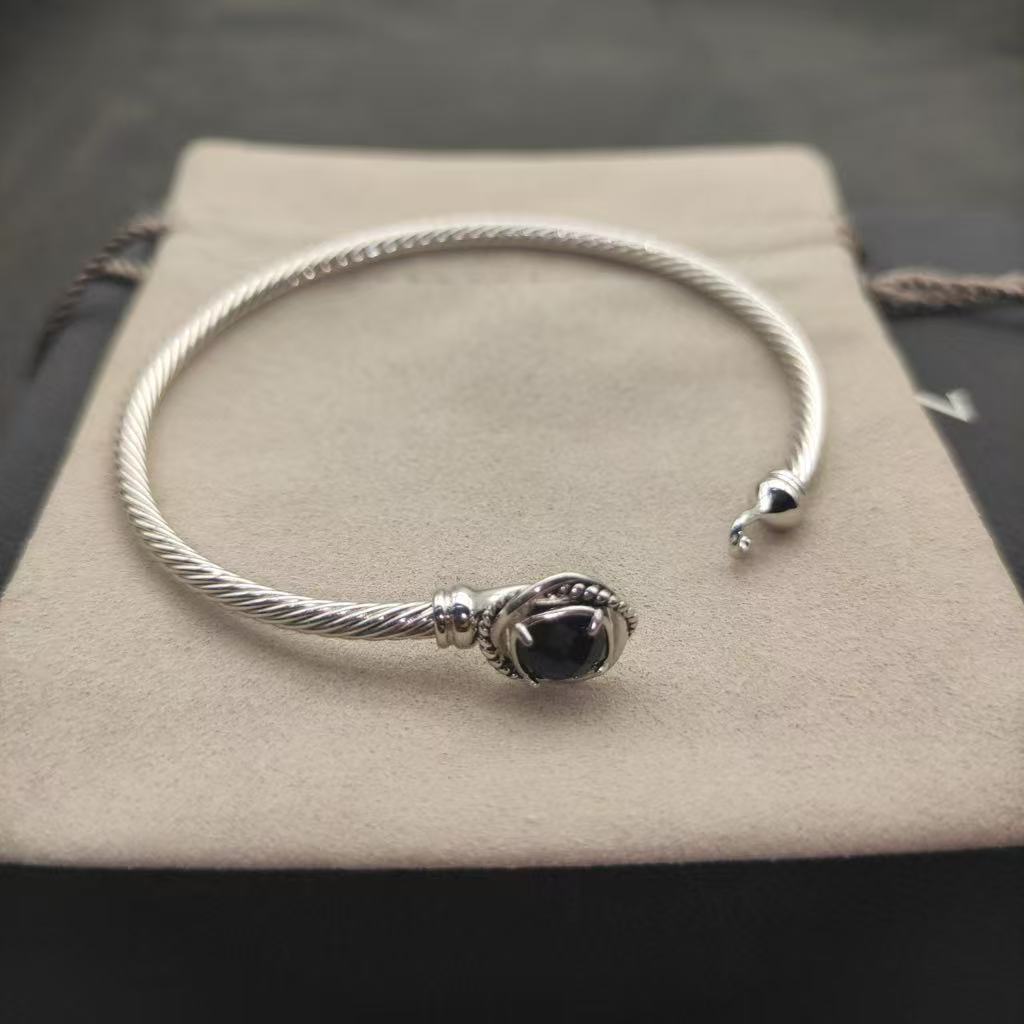 Cable Classics Bracelet, Black Onyx and Bead Detail, Sterling Silver, 3mm