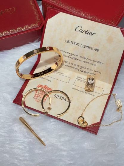 LOVE BRACELET, 10 DIAMONDS + LOVE EARRINGS + VINTAGE ALHAMBRA PENDANT + IDYLLE BLOSSOM MONOGRAM BRACELET, YELLOW GOLD AND DIAMONDS