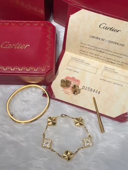 LOVE BRACELET, DIAMOND-PAVED + VINTAGE ALHAMBRA EARRINGS + VINTAGE ALHAMBRA BRACELET, 5 MOTIFS