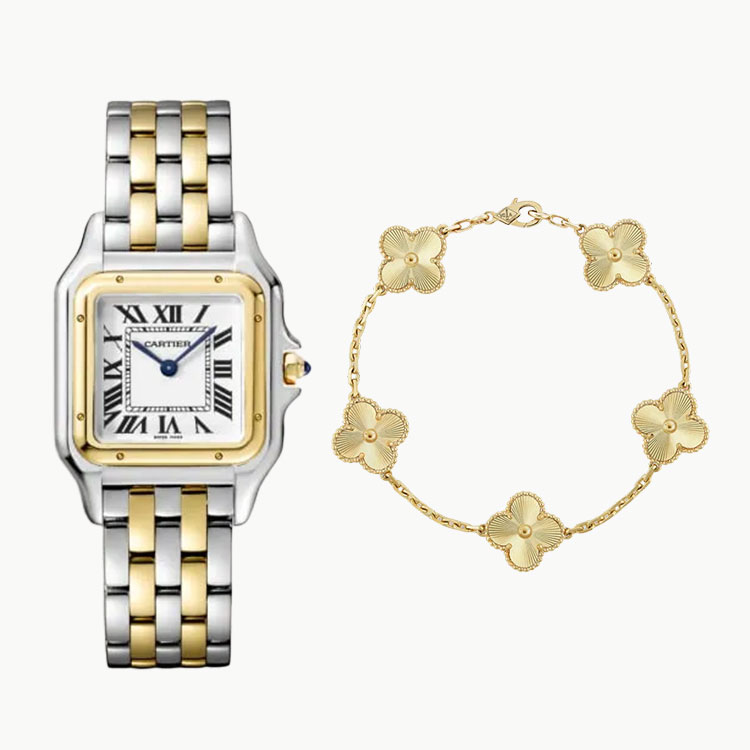 PANTHERE DE CAthtRTIER WATCH & VINTAGE ALHAMBRA BRACELET, 5 MOTIFS