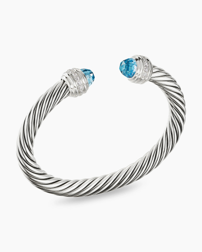 Classic Cable Bracelet Sterling Silver with Blue Topaz and Diamonds, 7mm