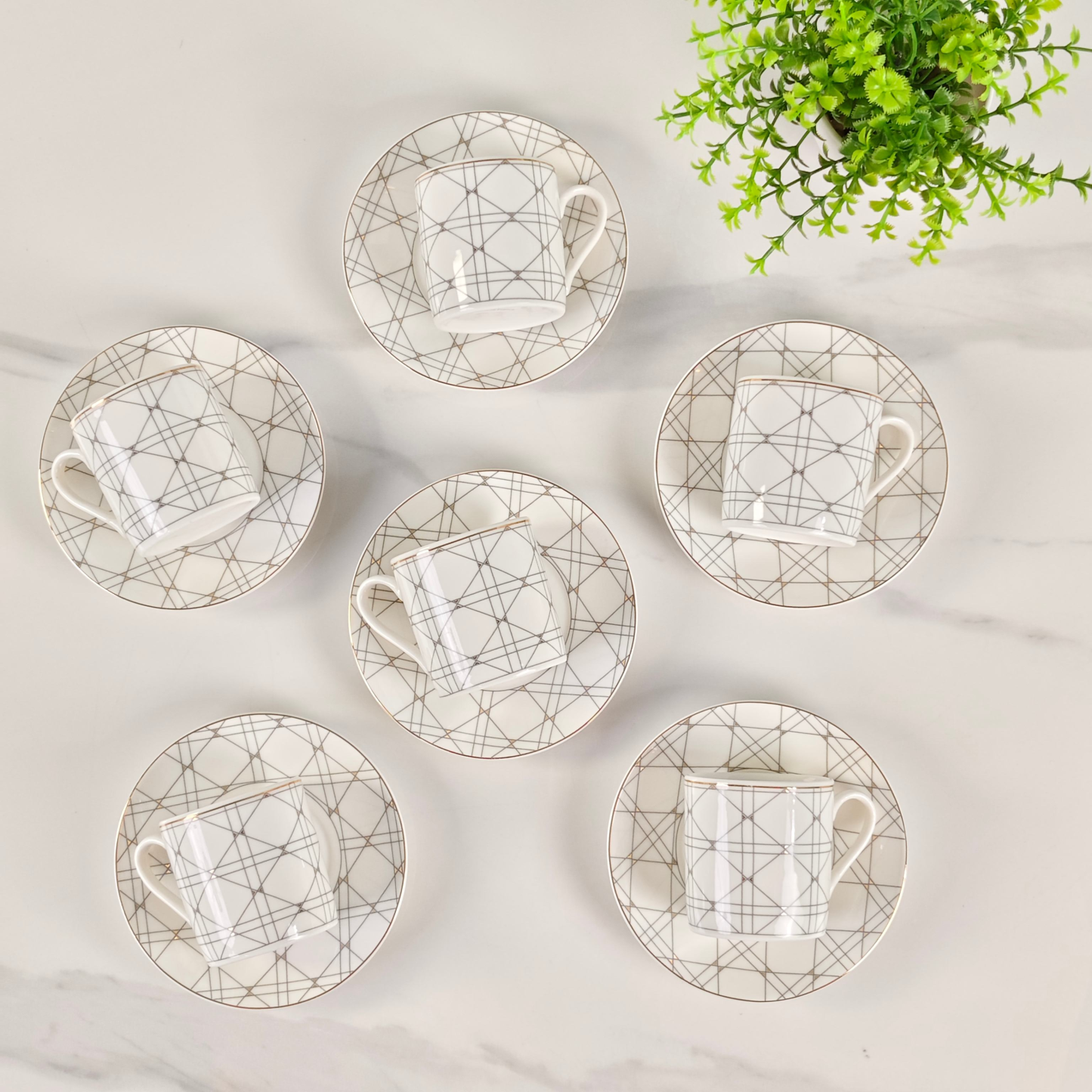 New Arrival 🔥 Dithtor - [White 6 Cups & 6 Saucers with Mesh Pattern]