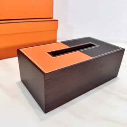 Hethtrmès Tissue Box (Solid Natural Ebony-Stained Mahogany + Smooth Young Bull Calfskin)