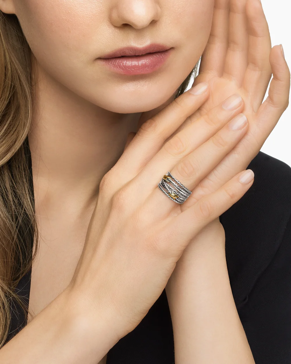 Double X Crossover Ring Sterling Silver with 18K Yellow Gold