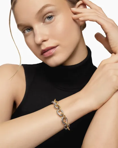 Oval Link Chain Bracelet Sterling Silver with 18K Yellow Gold,19mm