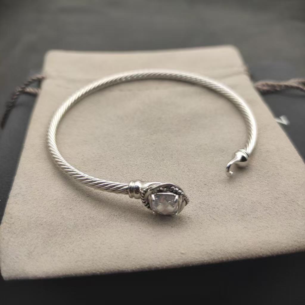 Cable Classics Bracelet, White Diamond and Bead Detail, Sterling Silver, 3mm