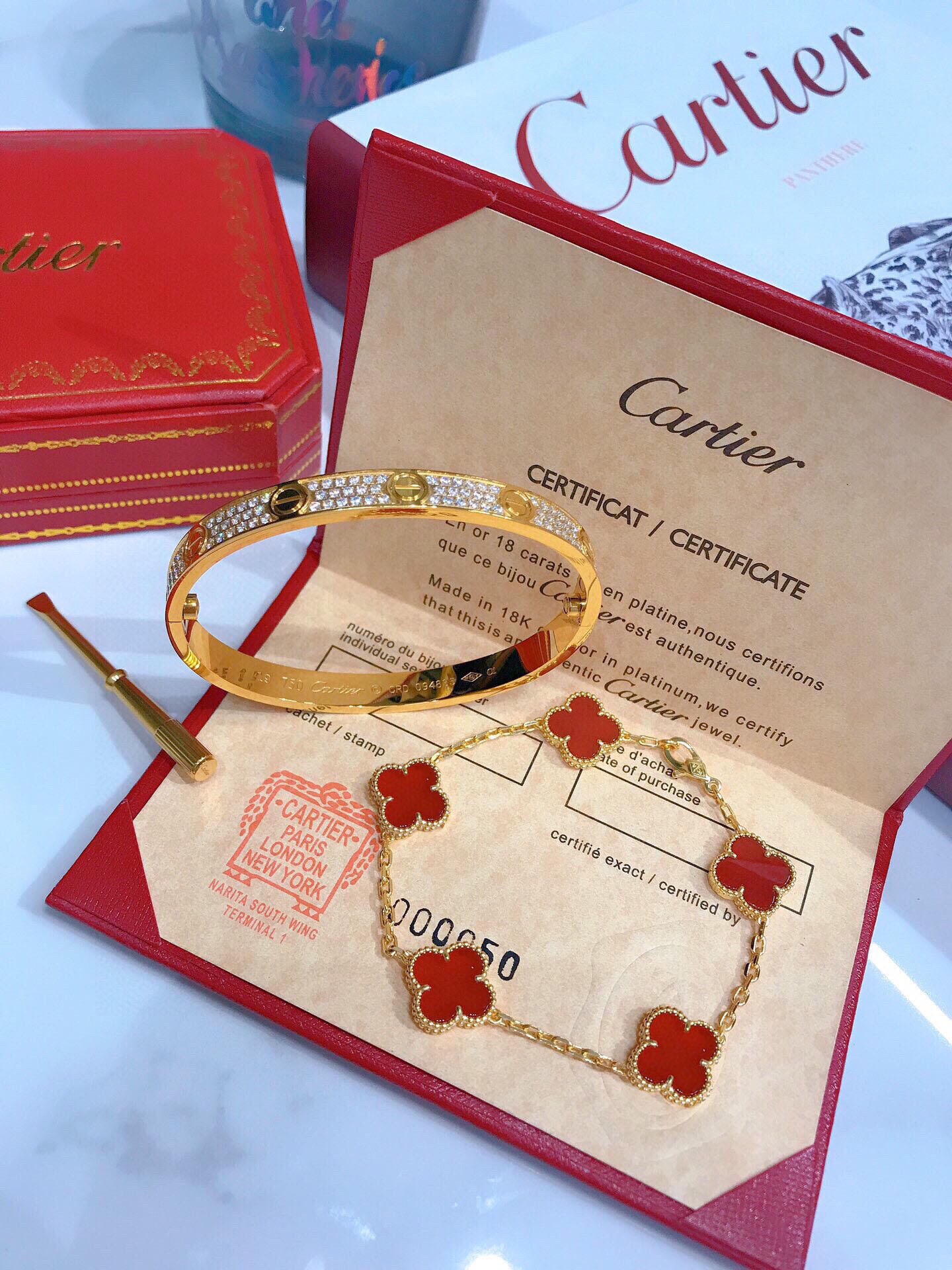 LOVE BRACELET, DIAMOND-PAVED + Vintage Alhambra bracelet, 5 motifs