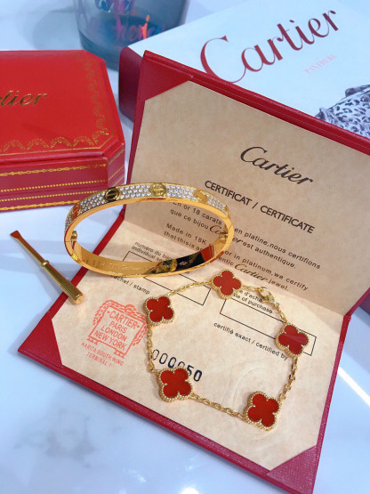LOVE BRACELET, DIAMOND-PAVED + Vintage Alhambra bracelet, 5 motifs