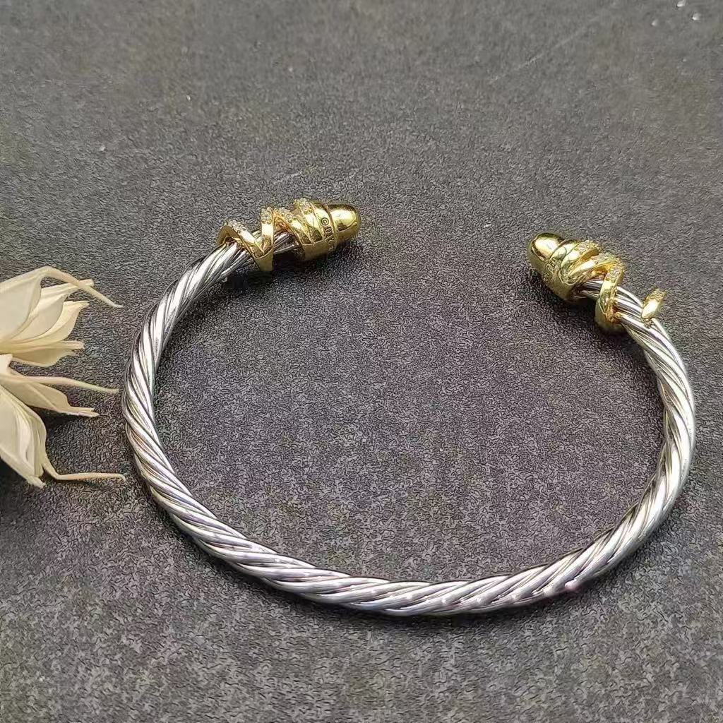Petite Helena Classic Cable Bracelet Sterling Silver with 18K Yellow Gold, Gold Domes and Diamonds, 4mm