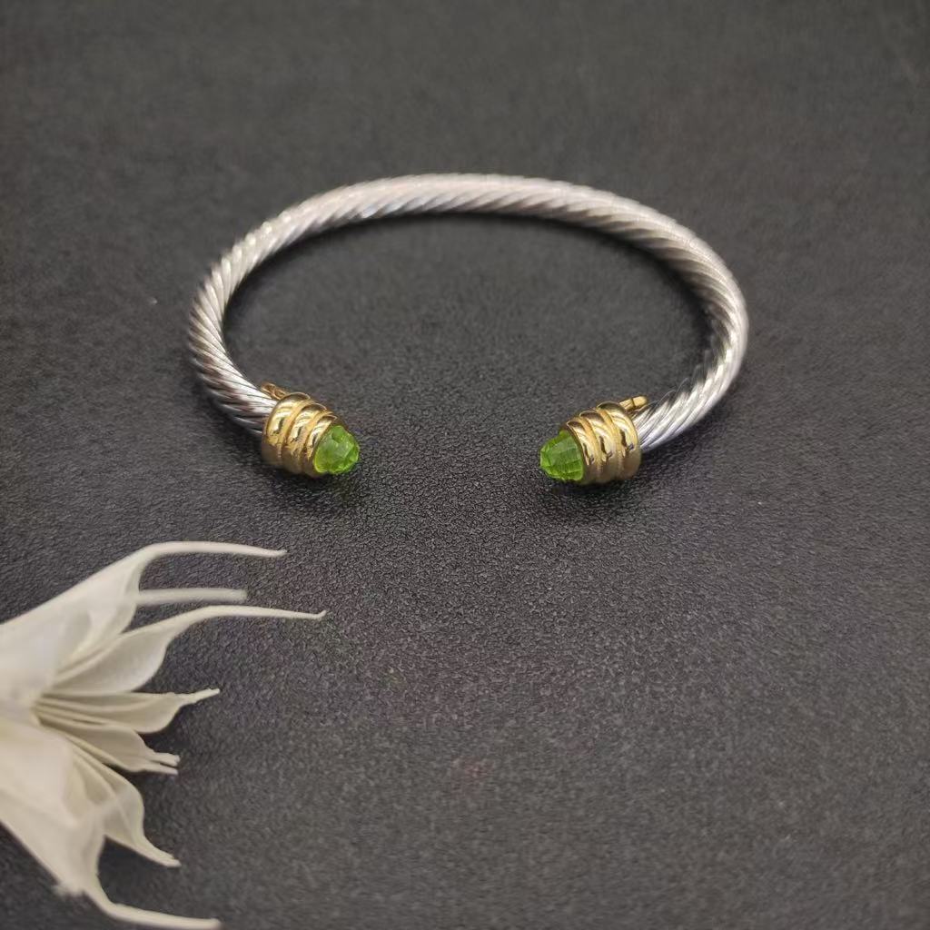 Classic Cable Bracelet Sterling Silver with Peridot and Diamonds, 5mm