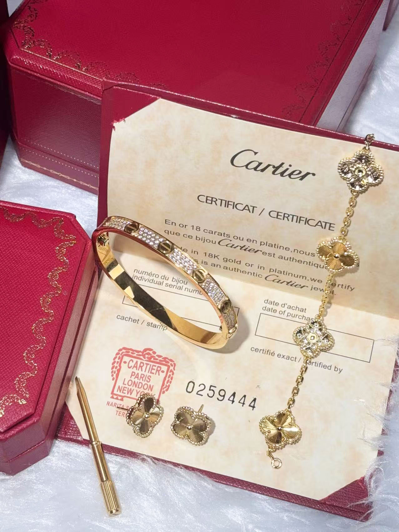 LOVE BRACELET, DIAMOND-PAVED + VINTAGE ALHAMBRA EARRINGS + VINTAGE ALHAMBRA BRACELET, 5 MOTIFS