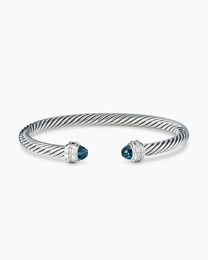 Classic Cable Bracelet Sterling Silver with Hampton Blue Topaz and Diamonds, 5mm