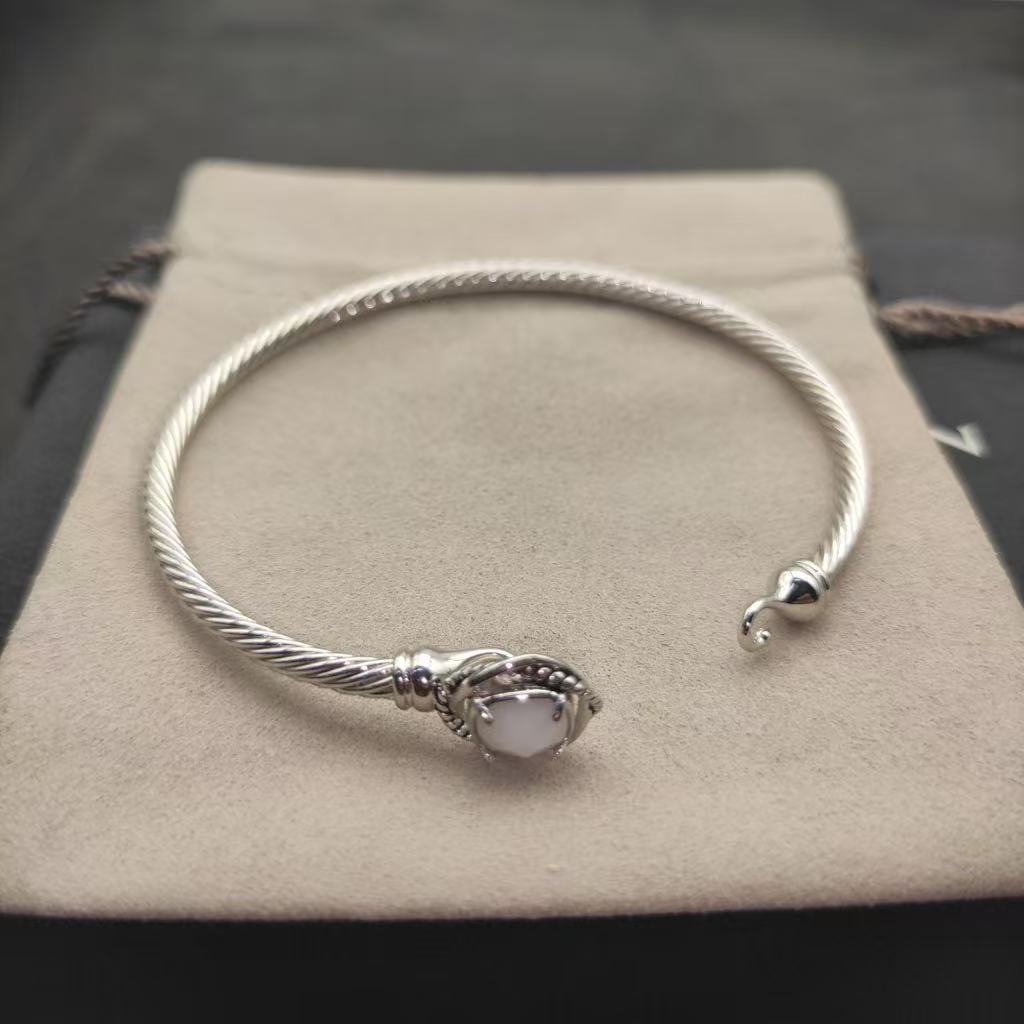 Cable Classics Bracelet, White Agate and Bead Detail, Sterling Silver, 3mm