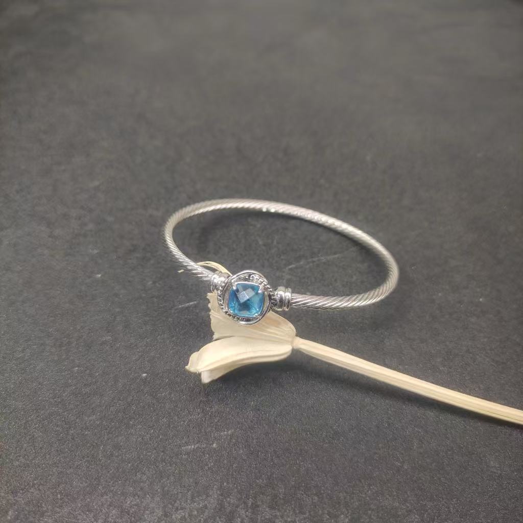 Cable Classics Bracelet,Blue Topaz and Bead Detail, Sterling Silver, 3mm