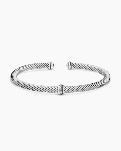 Classic Cable Station Bracelet Sterling Silver with Diamonds, 4mm