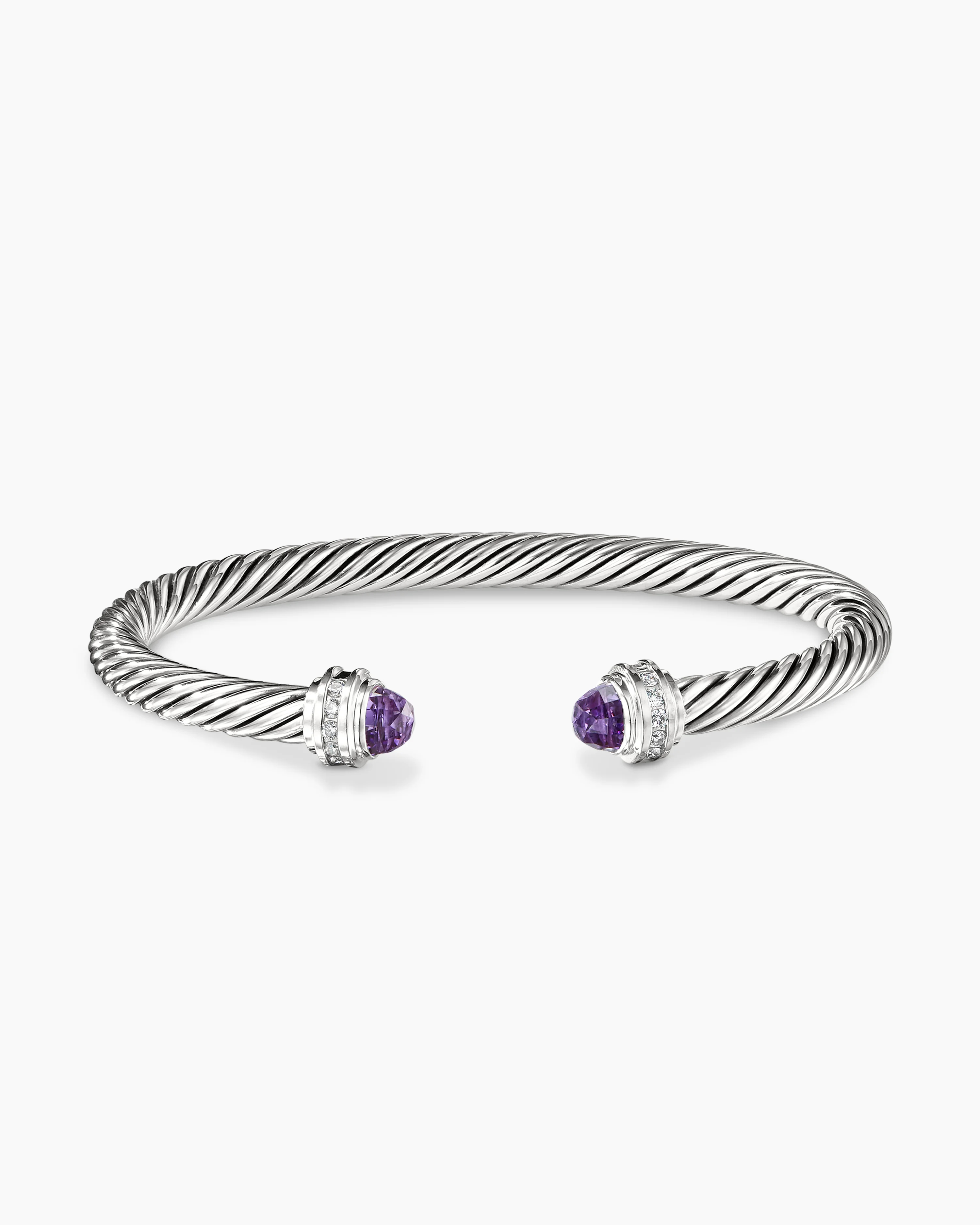 Classic Cable Bracelet Sterling Silver with Amethyst and Diamonds, 5mm