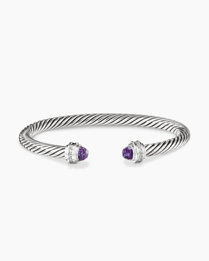 Classic Cable Bracelet Sterling Silver with Amethyst and Diamonds, 5mm