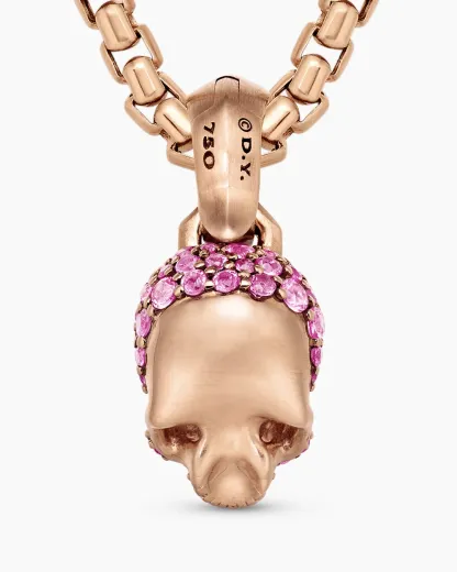 Skull Amulet Full Pavé Pink Sapphires and 18K Rose Gold, 14mm