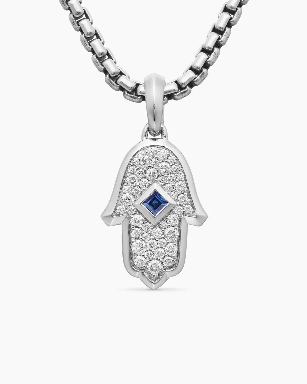 Hamsa Amulet 18K White Gold with Pavé Diamonds and Blue Sapphire, 24.6mm
