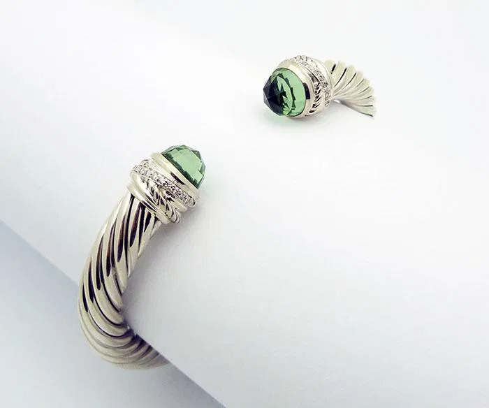 Classic Cable Bracelet Sterling Silver with Prasiolite Diamond Sterling 7 MM