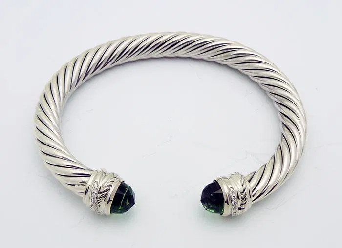 Classic Cable Bracelet Sterling Silver with Prasiolite Diamond Sterling 7 MM