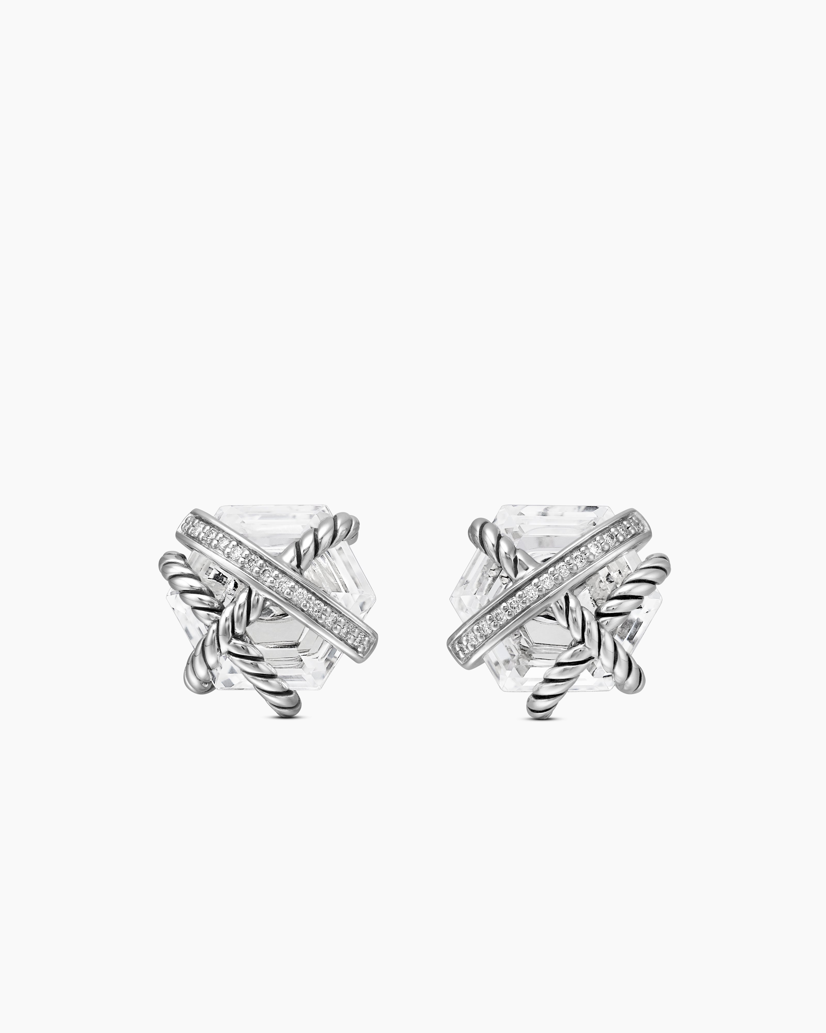 Cable Wrap Stud Earrings Sterling Silver with Crystal and Diamonds, 11mm