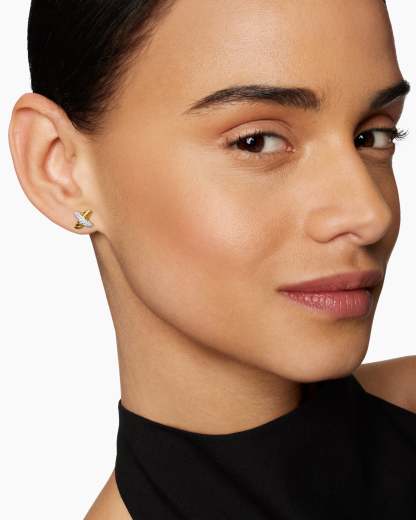 Petite X Stud Earrings 18K Yellow Gold with Diamonds, 8.4mm