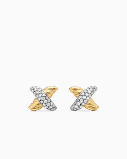 Petite X Stud Earrings 18K Yellow Gold with Diamonds, 8.4mm