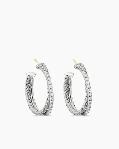 Crossover Hoop Earrings Sterling Silver with Diamonds, 26.5mm