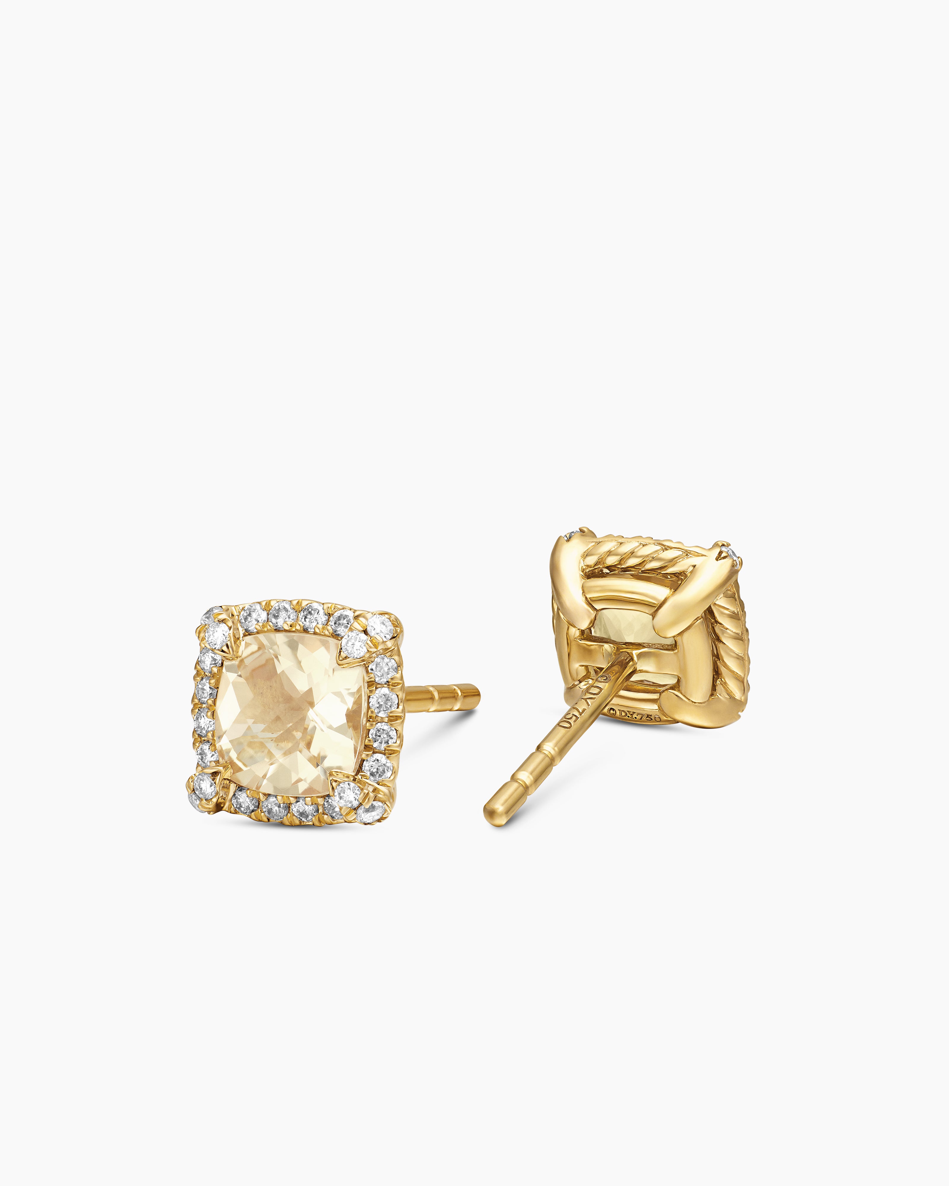 Petite Chatelaine® Pavé Bezel Stud Earrings 18K Yellow Gold with Champagne Citrine and Diamonds, 5mm