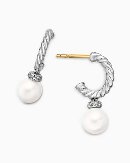 Pearl and Pavé Solari Drop Earrings Sterling Silver with Pearls and Diamonds, 18.4mm